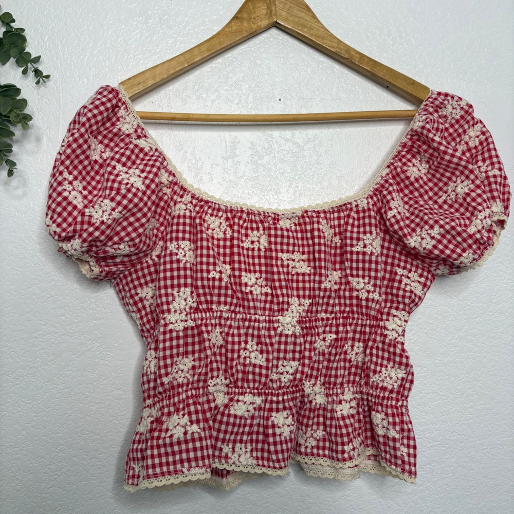 one clothing | Red Gingham Lace-Up Peasant Top - Picture 5 of 5